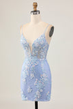 Azzurro Aderente Floreale Paillettes Abiti Da Cocktai con Appliques
