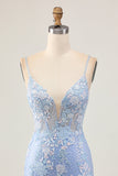 Azzurro Aderente Floreale Paillettes Abiti Da Cocktai con Appliques