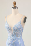 Azzurro Aderente Floreale Paillettes Abiti Da Cocktai con Appliques