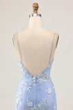 Azzurro Aderente Floreale Paillettes Abiti Da Cocktai con Appliques