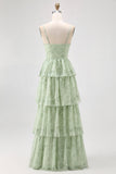 Abito da damigella lungo in chiffon a balze corsetto a vita alta verde salvia polveroso con spacco