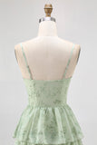 Abito da damigella lungo in chiffon a balze corsetto a vita alta verde salvia polveroso con spacco