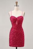 Scintillante paillettes fucsia spaghetti straps corto stretto Abiti Da Cocktail