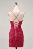 Scintillante paillettes fucsia spaghetti straps corto stretto Abiti Da Cocktail