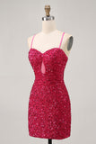 Scintillante paillettes fucsia spaghetti straps corto stretto Abiti Da Cocktail
