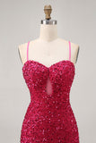 Scintillante paillettes fucsia spaghetti straps corto stretto Abiti Da Cocktail