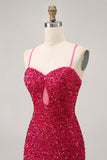 Scintillante paillettes fucsia spaghetti straps corto stretto Abiti Da Cocktail