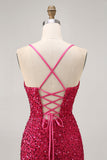 Scintillante paillettes fucsia spaghetti straps corto stretto Abiti Da Cocktail