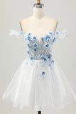 Bianco Blu Fiore A-Line Off the Spalla Corsetto Corsetto Breve Abiti Da Cocktail