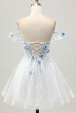 Bianco Blu Fiore A-Line Off the Spalla Corsetto Corsetto Breve Abiti Da Cocktail