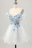 Bianco Blu Fiore A-Line Off the Spalla Corsetto Corsetto Breve Abiti Da Cocktail