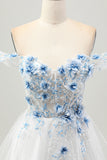Bianco Blu Fiore A-Line Off the Spalla Corsetto Corsetto Breve Abiti Da Cocktail