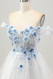 Bianco Blu Fiore A-Line Off the Spalla Corsetto Corsetto Breve Abiti Da Cocktail