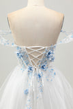Bianco Blu Fiore A-Line Off the Spalla Corsetto Corsetto Breve Abiti Da Cocktail