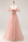 Blush Off The Shoulder Beaded A Line Tulle Abito da ballo lungo