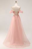 Blush Off The Shoulder Beaded A Line Tulle Abito da ballo lungo