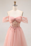 Blush Off The Shoulder Beaded A Line Tulle Abito da ballo lungo
