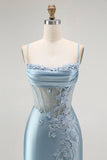 Grigio Blu Mermaid Perline Appliqued Corsetto Abito da ballo lungo con fessura
