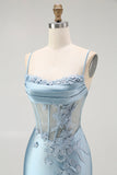 Grigio Blu Mermaid Perline Appliqued Corsetto Abito da ballo lungo con fessura