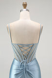 Grigio Blu Mermaid Perline Appliqued Corsetto Abito da ballo lungo con fessura