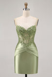 Verde senza spalline corsetto paillettes aderente abito corto ritorno a casa con appliques