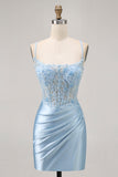Blu Aderente Paillettes Corsetto Beaded Abiti Da Cocktail con Appliques