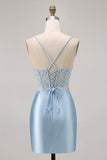 Blu Aderente Paillettes Corsetto Beaded Abiti Da Cocktail con Appliques