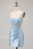 Blu Aderente Paillettes Corsetto Beaded Abiti Da Cocktail con Appliques