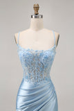 Blu Aderente Paillettes Corsetto Beaded Abiti Da Cocktail con Appliques