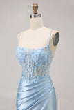Blu Aderente Paillettes Corsetto Beaded Abiti Da Cocktail con Appliques