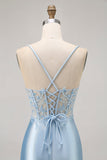 Blu Aderente Paillettes Corsetto Beaded Abiti Da Cocktail con Appliques