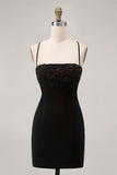 Nero Aderente Spaghetti Straps Abito corto ritorno a casa con perline