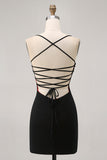 Nero Aderente Spaghetti Straps Abito corto ritorno a casa con perline