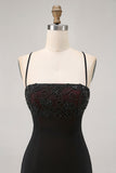 Nero Aderente Spaghetti Straps Abito corto ritorno a casa con perline