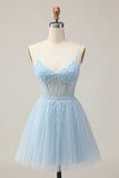 Azzurro A Line Beaded Abito corto con paillettes Abiti Da Cocktail con lacci sul retro