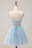 Azzurro A Line Beaded Abito corto con paillettes Abiti Da Cocktail con lacci sul retro