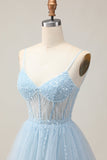 Azzurro A Line Beaded Abito corto con paillettes Abiti Da Cocktail con lacci sul retro