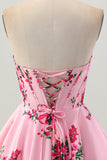 Fiore rosa A-Line Sweetheart corsetto in raso Abiti Da Cocktail