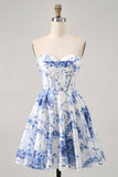 Bianco Blu Fiore A Line corsetto senza spalline corto Abiti Da Cocktail