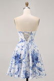Bianco Blu Fiore A Line corsetto senza spalline corto Abiti Da Cocktail