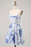 Bianco Blu Fiore A Line corsetto senza spalline corto Abiti Da Cocktail