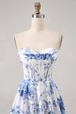 Bianco Blu Fiore A Line corsetto senza spalline corto Abiti Da Cocktail