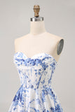 Bianco Blu Fiore A Line corsetto senza spalline corto Abiti Da Cocktail
