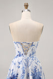 Bianco Blu Fiore A Line corsetto senza spalline corto Abiti Da Cocktail