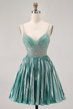Metallic Satin Green A Line Spaghetti Straps Paillettes Abito corto ritorno a casa
