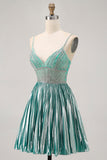 Metallic Satin Green A Line Spaghetti Straps Paillettes Abito corto ritorno a casa
