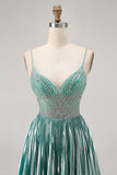 Metallic Satin Green A Line Spaghetti Straps Paillettes Abito corto ritorno a casa