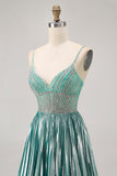 Metallic Satin Green A Line Spaghetti Straps Paillettes Abito corto ritorno a casa