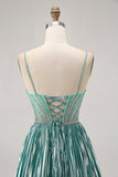 Metallic Satin Green A Line Spaghetti Straps Paillettes Abito corto ritorno a casa