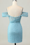 Blu Aderente Corsetto Spalle Fredde Abiti Da Cocktail con Fessura